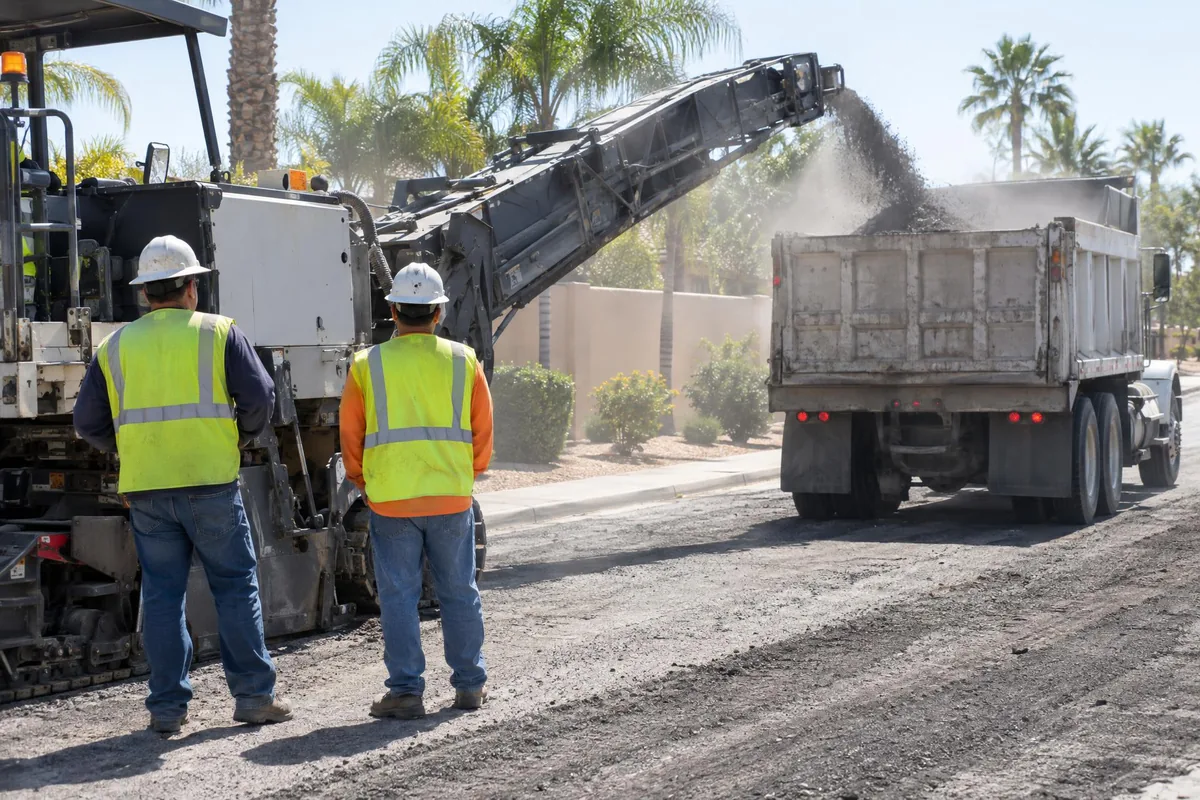 Two workers beside a milling machine grinding off an old street surface while a dump truck takes the millings